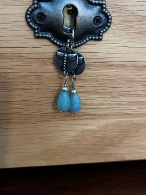 Silver Dragonfly Drop Earrings with Blue Teardrop Beads